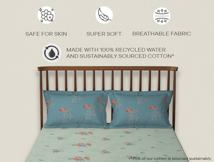 Essentials 100% Cotton Double Bedsheet, 132 TC, Floral, Light Aqua