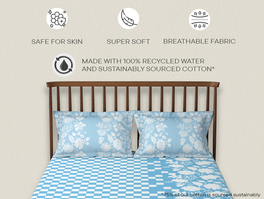 Essentials 100% Cotton Double Bedsheet, 132 TC, Floral, Light Teal