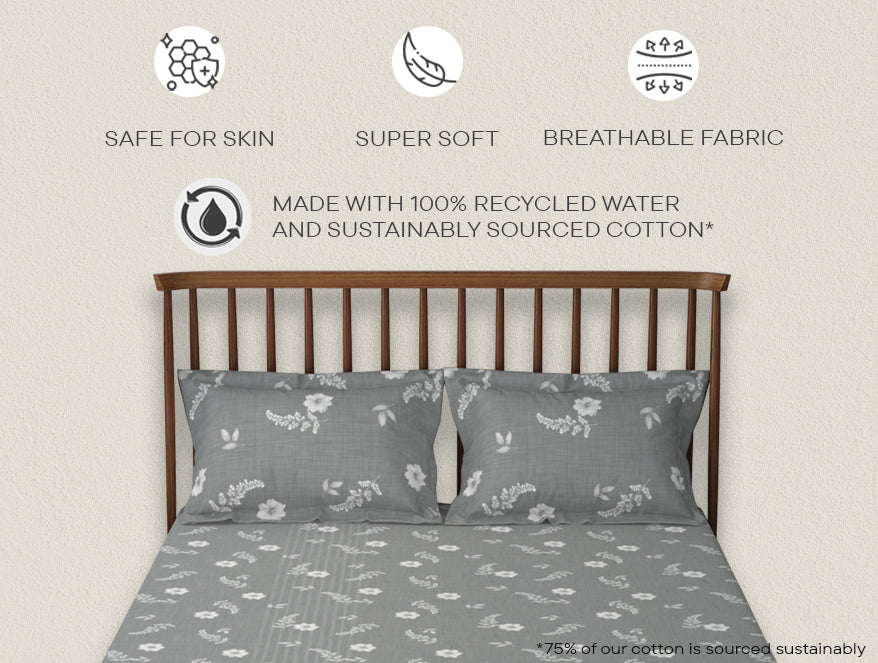 Essentials 100% Cotton Double Bedsheet, 132 TC, Floral, Grey