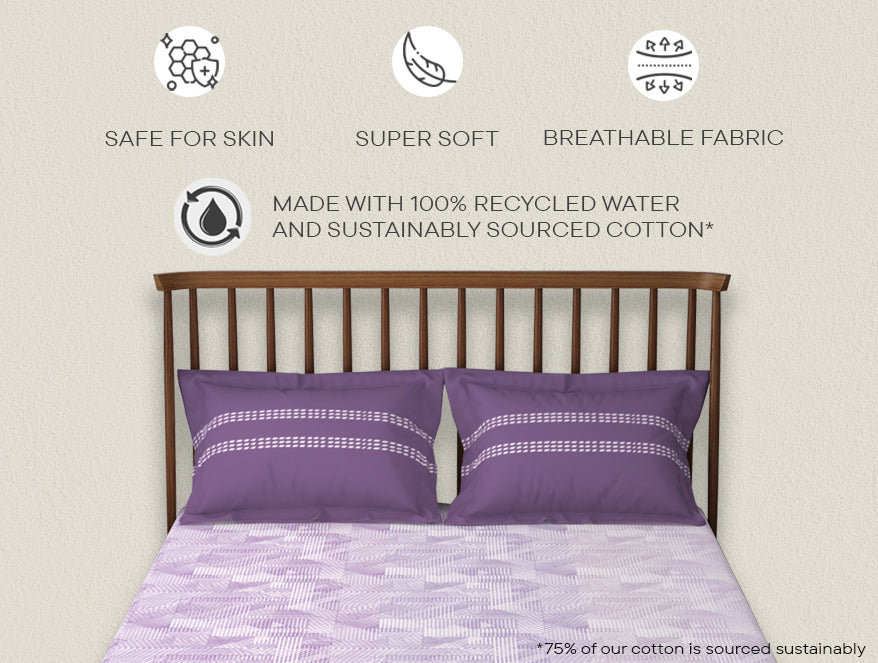 Essentials 100% Cotton Double Bedsheet, 132 TC, Geometric, Violet