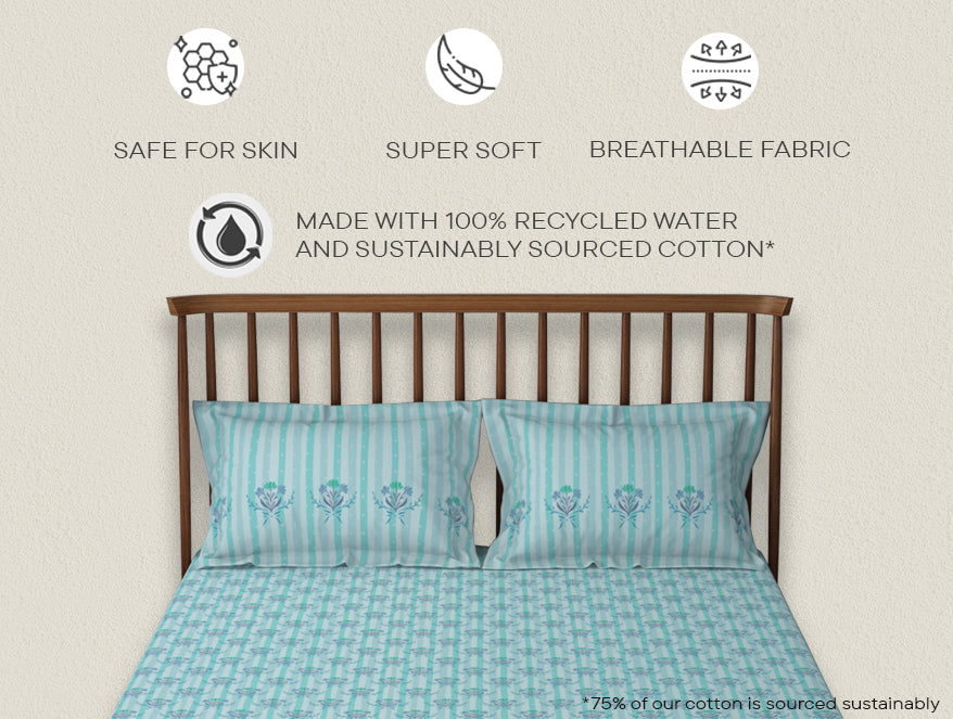 Essentials 100% Cotton Double Bedsheet, 132 TC, Floral, Light Aqua