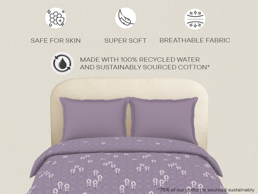 Essentials 100% Cotton Double Duvet Cover, 144 TC, Floral, Light Violet
