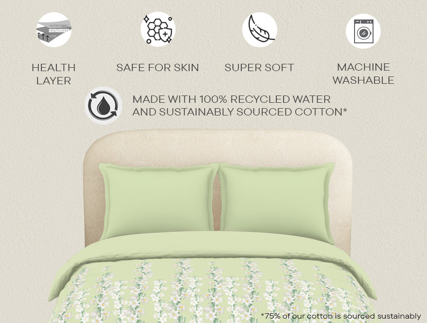 Essentials 100% Cotton Double Quilt, 144 TC, Floral, Light Green