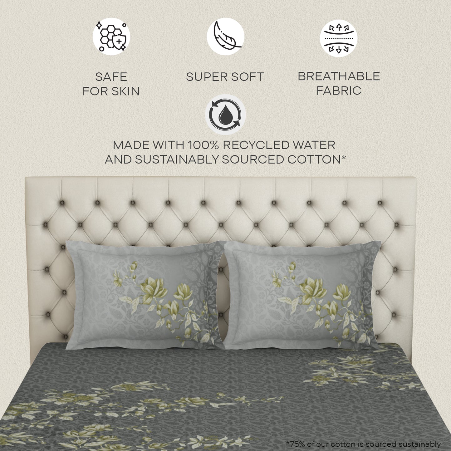 Essentials Premium Cotton Viscose Large Bedsheet, 138 TC, Floral, Dark Grey