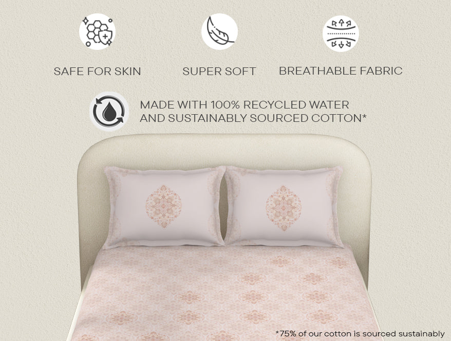 Essentials Cotton Viscose Double Bedsheet, 138 TC, Ornate, Blush