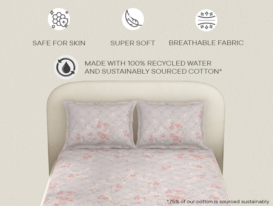 Essentials Cotton Viscose Double Bedsheet, 138 TC, Ornate, Blush
