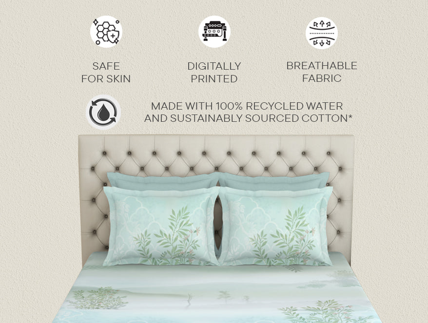 Essentials Premium 100 % Cotton Large Bedsheet, 180 TC, Floral, Light Aqua