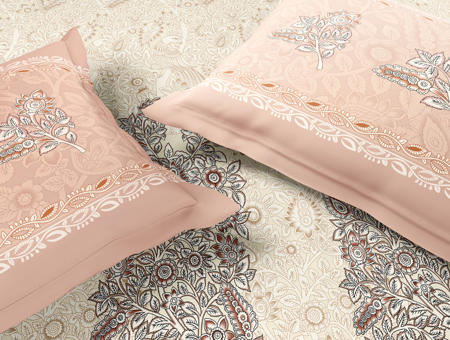Rangana Muted 100% Cotton Large Bedsheet, 210 TC, Ornate, Blush