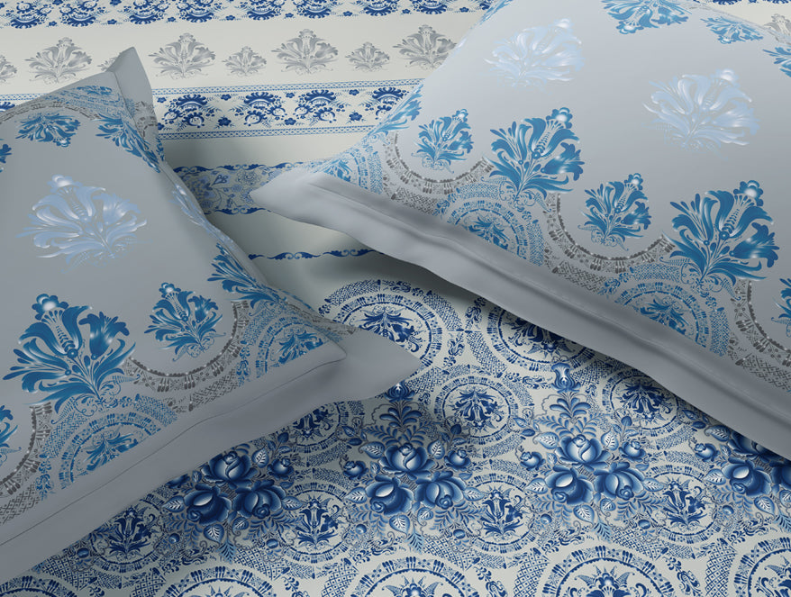 Rangana Muted 100% Cotton Large Bedsheet, 210 TC, Floral, Blue