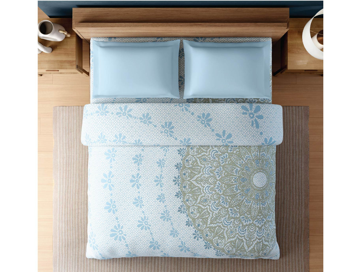 Zera Hygro Cotton 233 TC Percale Ornate Print Double Quilt, Light Blue