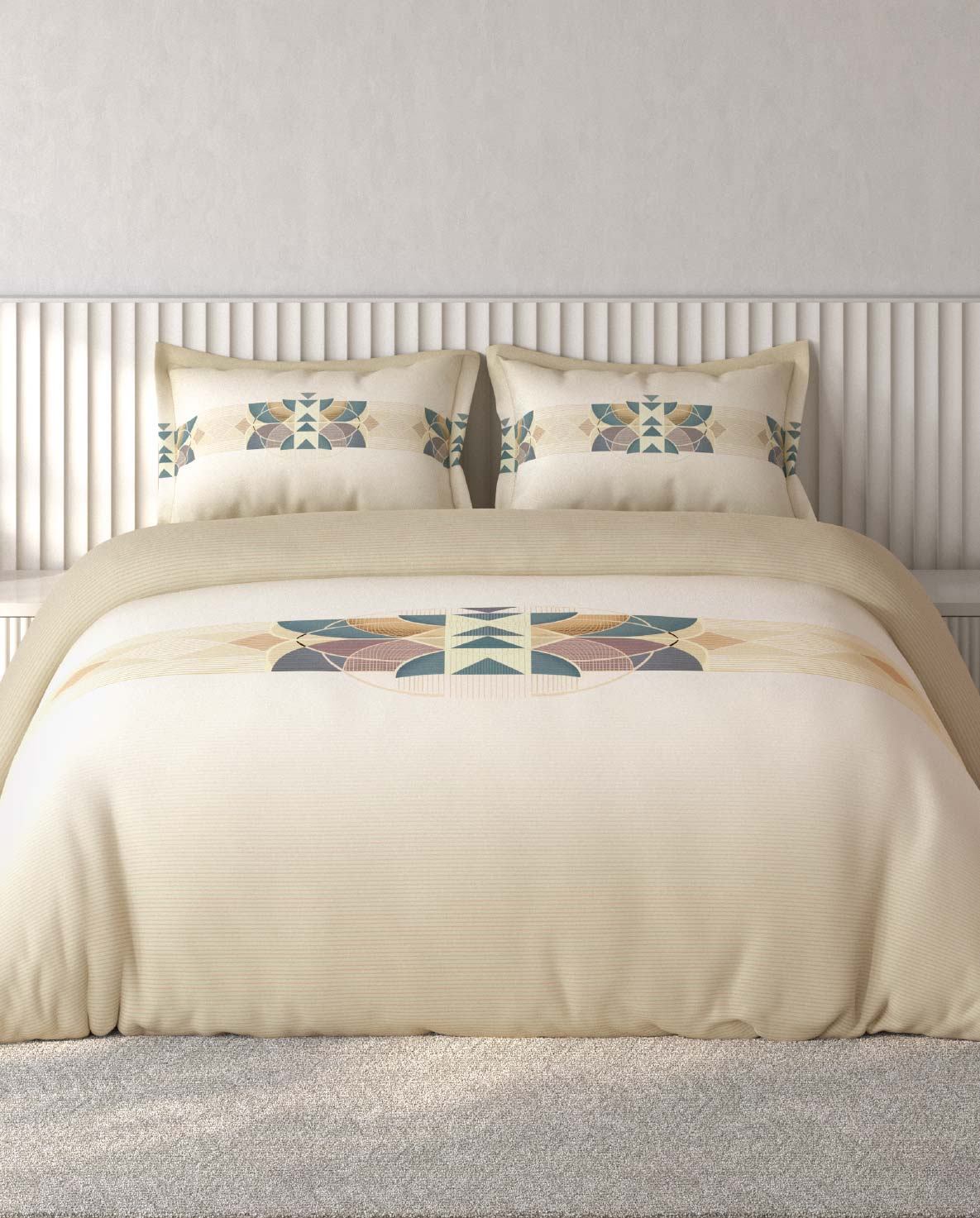 Spaces Vortex Beige Geometric 100% Cotton Crafted Comfort Large Bedsheet with 2 Pillow Covers - 108 x 108 Inches