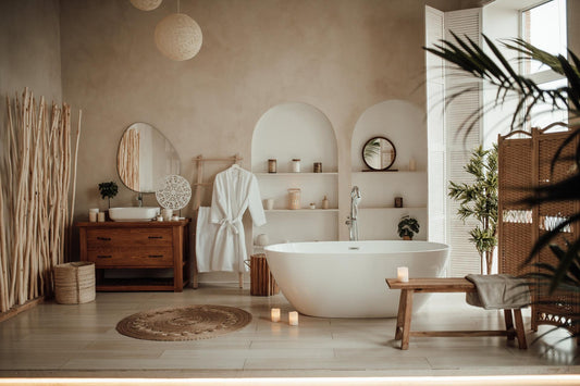 Premium cotton bathrobes and bath towels flat lay for Indian households