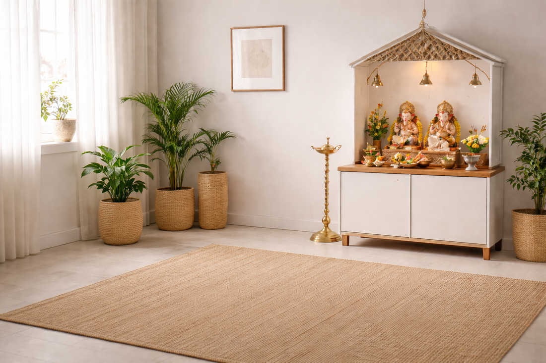 White & Neutral bedsheets for a peaceful pooja space