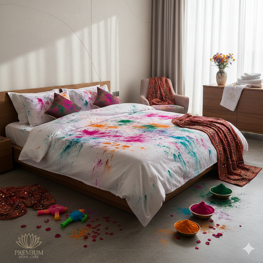 Bedding protected from Holi colours with covers in a modern Indian bedroom setup