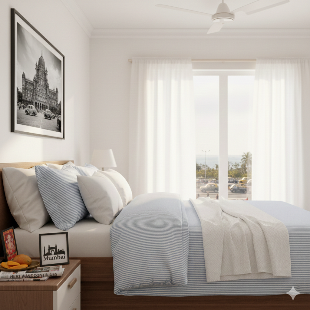 Breathable cotton bedsheet in a bright bedroom for cooling comfort during Mumbai summers