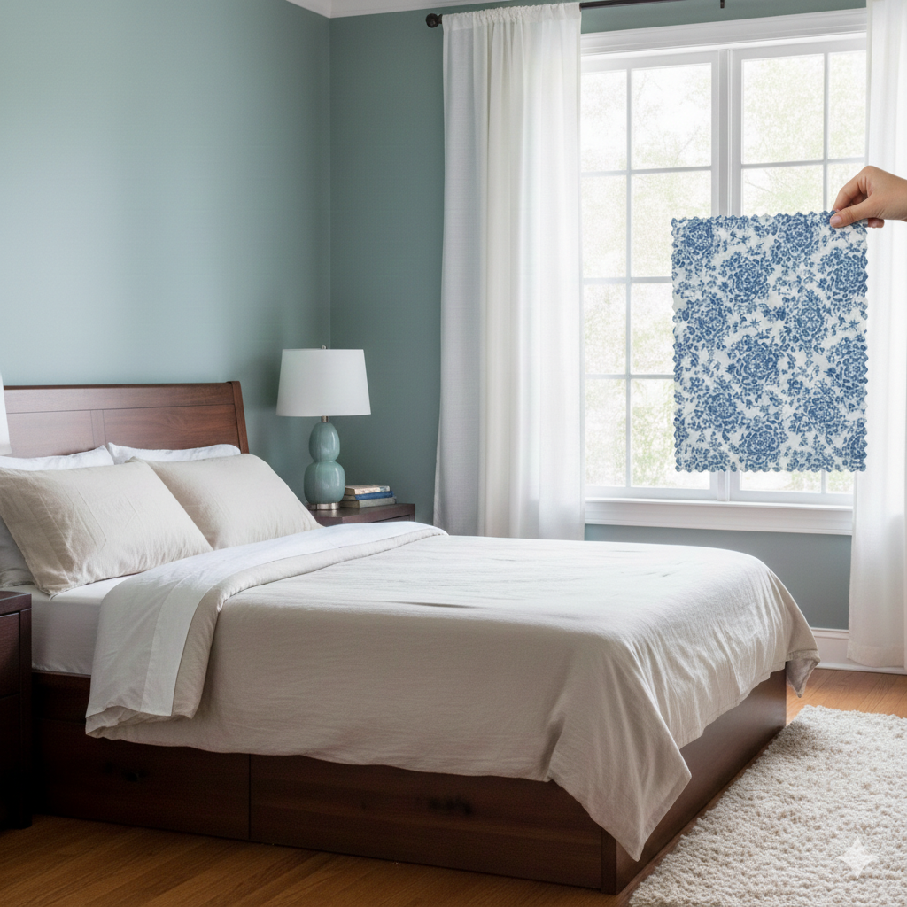 How a bedsheet colour looks in a bedroom before purchase