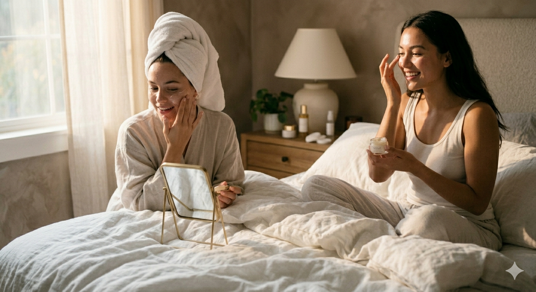 two women enjoying a relaxing self-care morning routine in a cozy bedroom