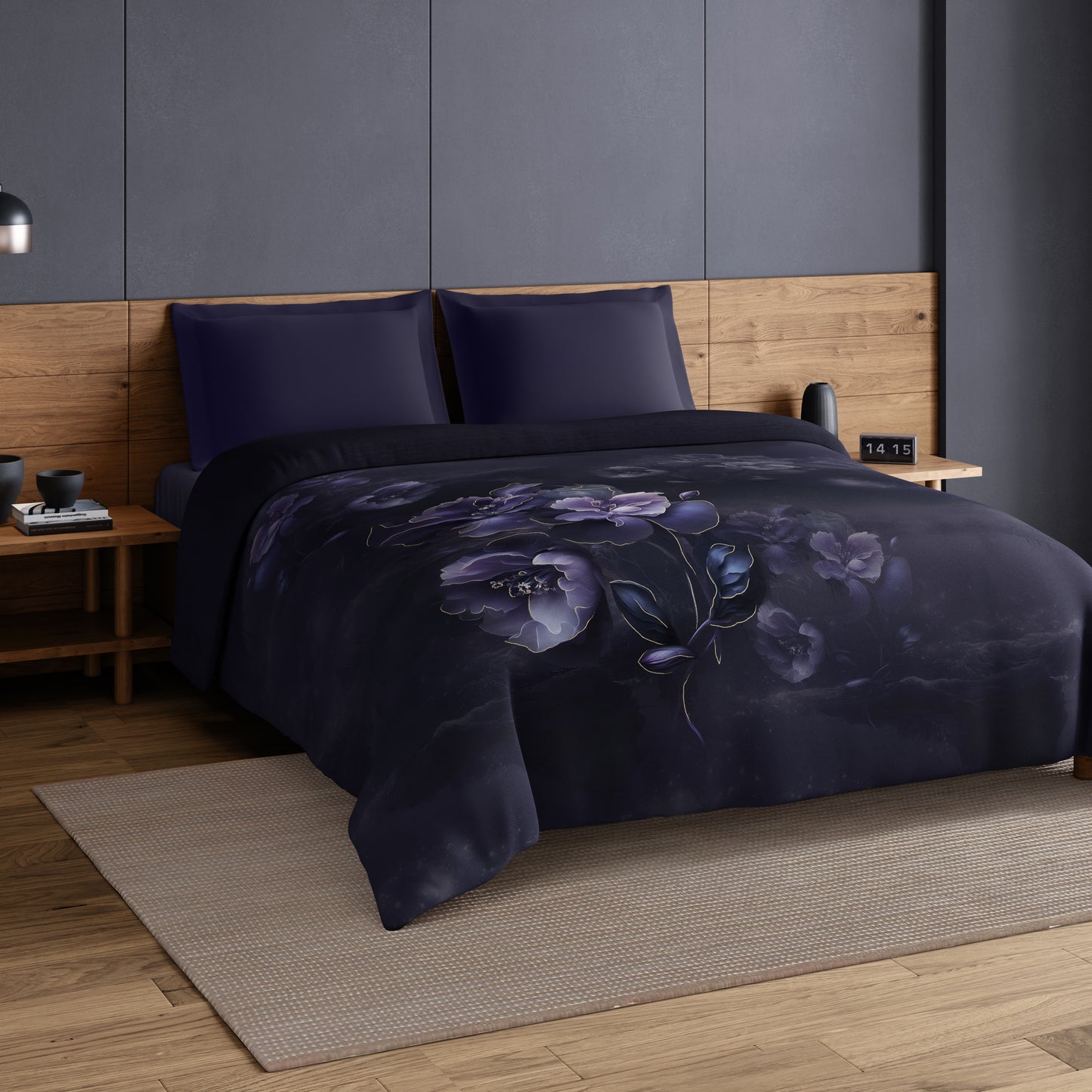 Elegance Noir 100% Cotton Double Quilt, 210TC, Floral, Dark Violet
