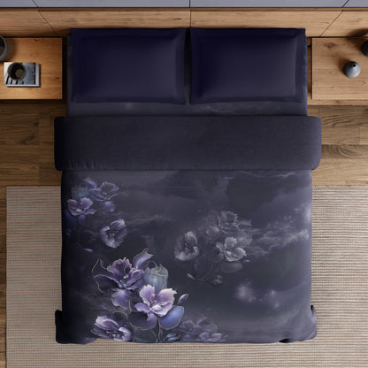 Elegance Noir 100% Cotton Double Quilt, 210TC, Floral, Dark Violet