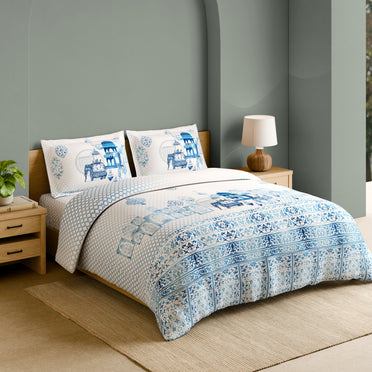 Shubha 100% Cotton Large Bedsheet, 300 TC, Ornate, Airy Blue
