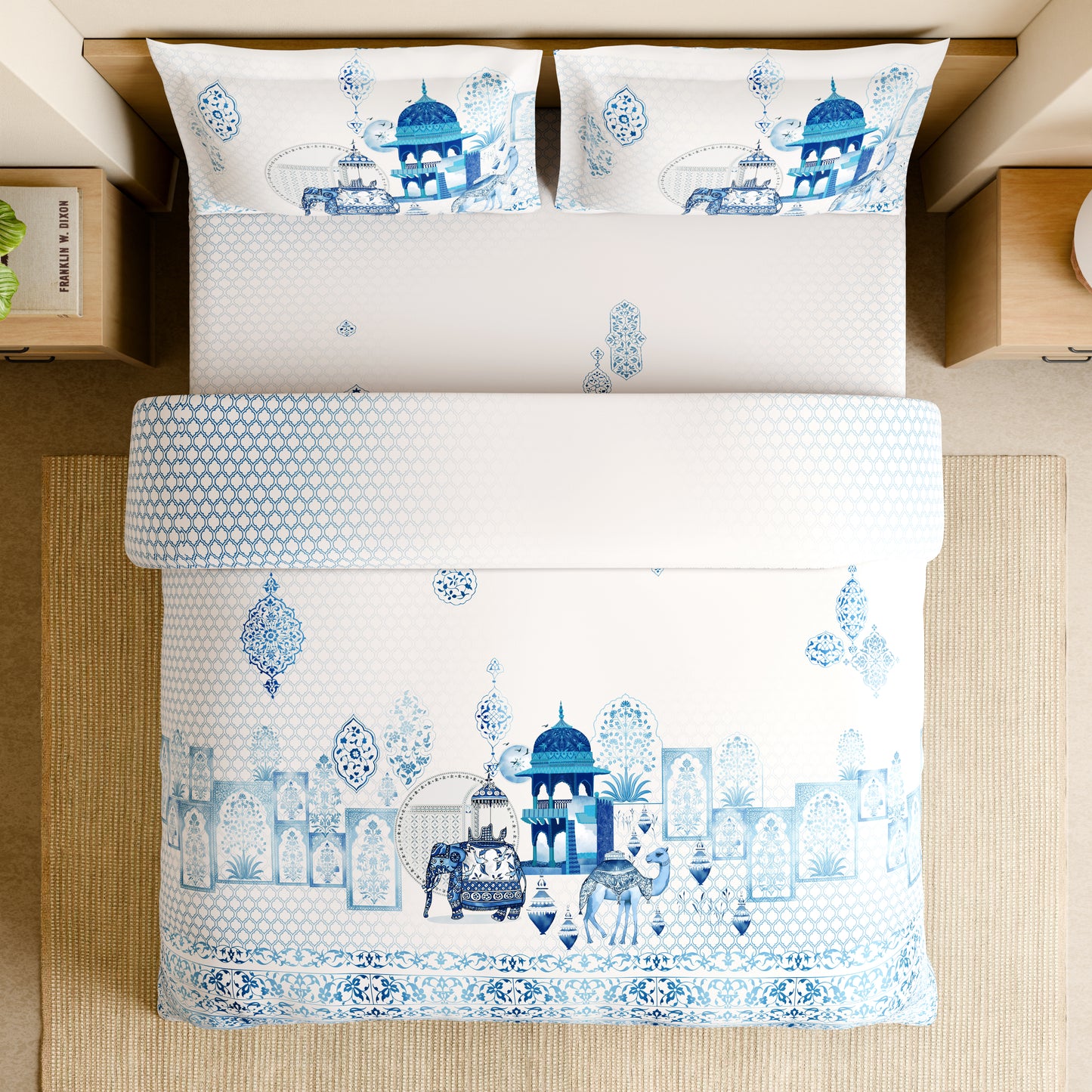 Rangana Shubha, 100% Cotton Large Bedsheet, 300 TC, Ornate, Airy Blue