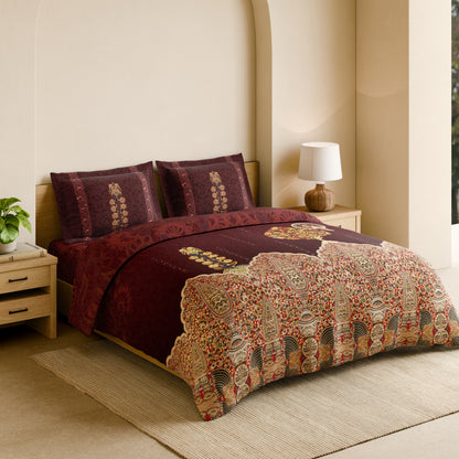 Rangana Shubha, 100% Cotton Large Bedsheet, 300 TC, Floral, New Maroon