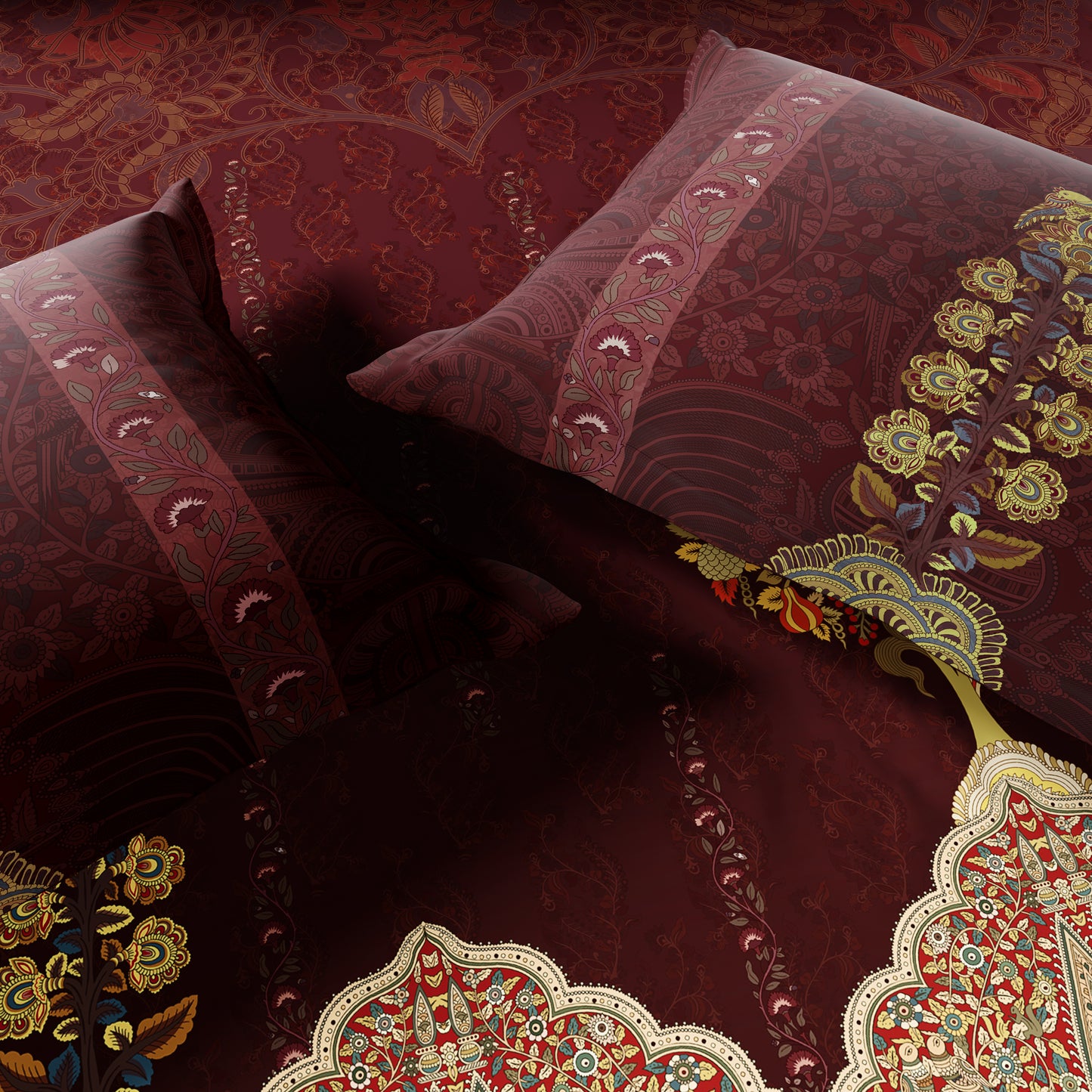 Rangana Shubha, 100% Cotton Large Bedsheet, 300 TC, Floral, New Maroon