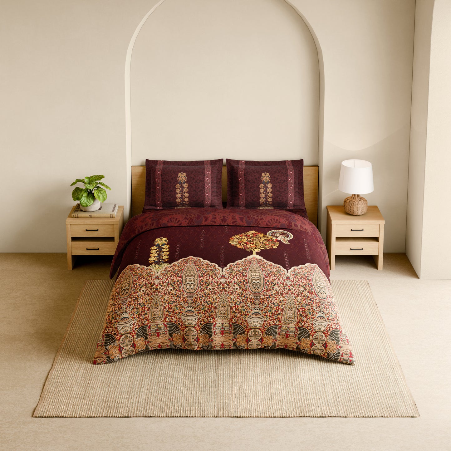 Rangana Shubha, 100% Cotton Large Bedsheet, 300 TC, Floral, New Maroon