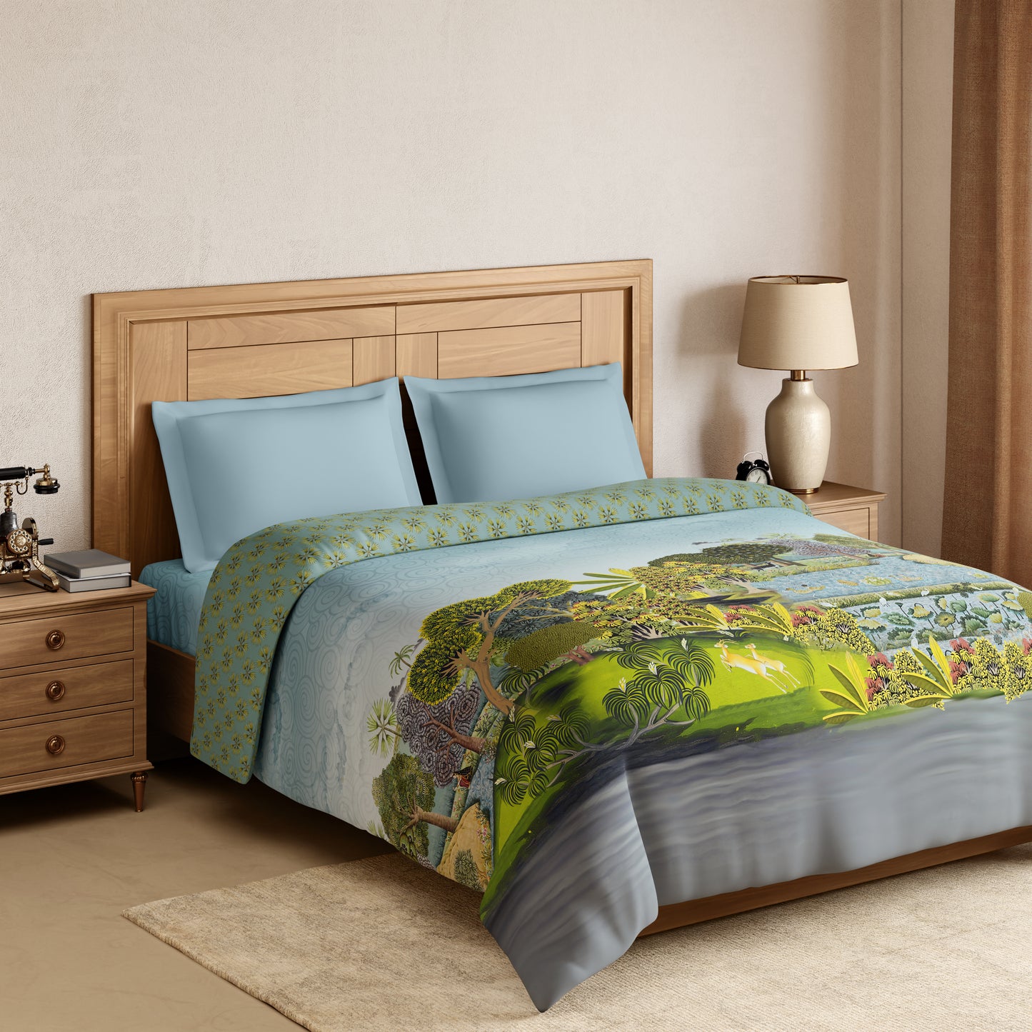 Rangana Digital 100% Cotton Double Quilt, 300 TC, Ornate, Light Aqua