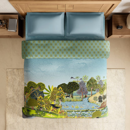 Rangana Digital 100% Cotton Double Quilt, 300 TC, Ornate, Light Aqua