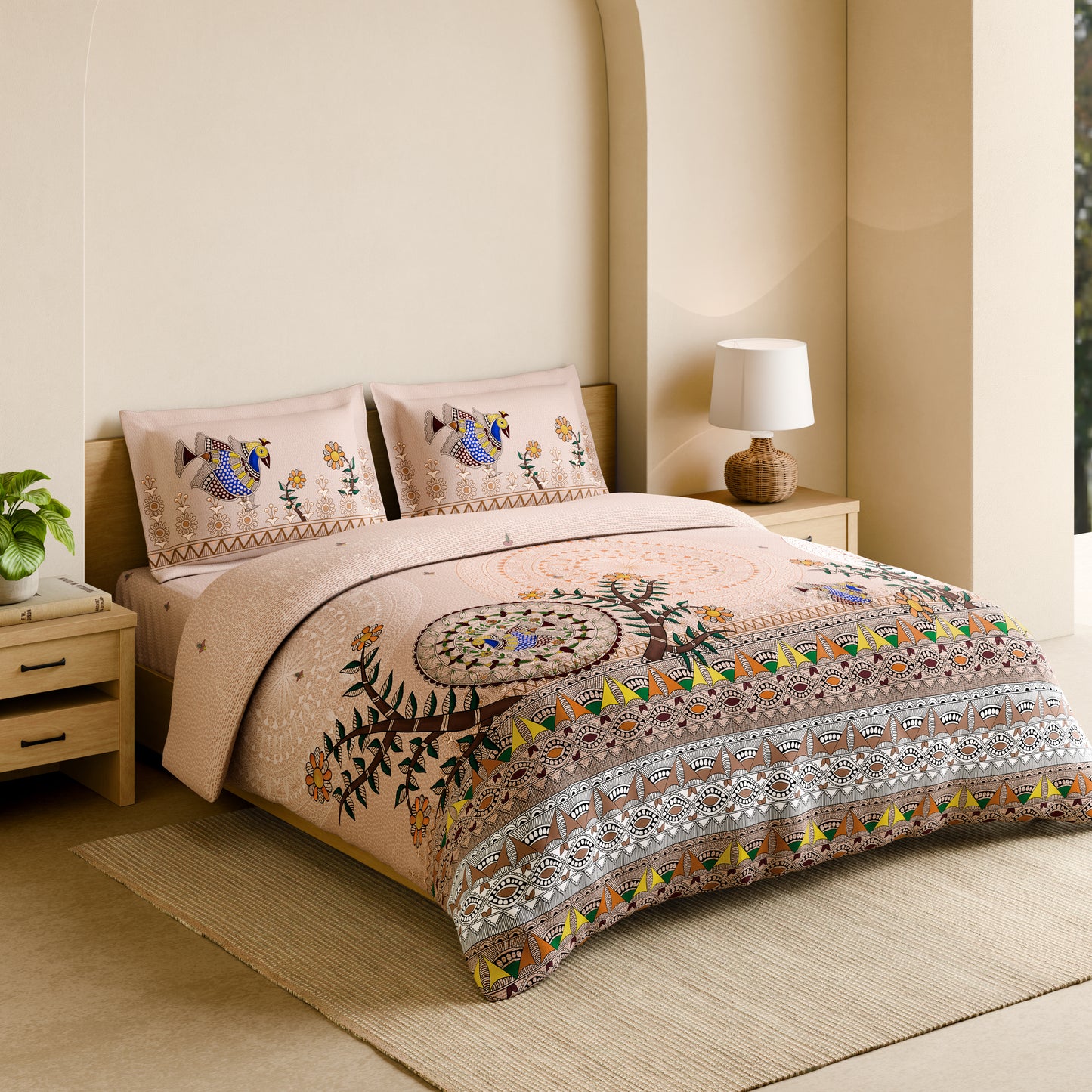 Rangana Shubha, 100% Cotton Large Bedsheet, 300 TC, Ornate, Peach Blush