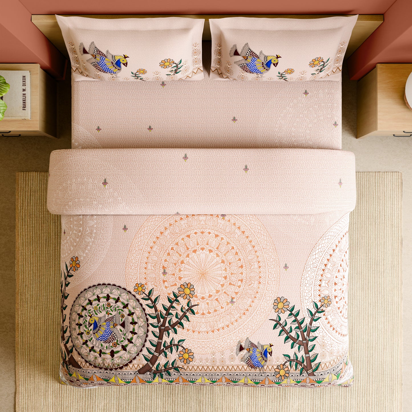 Rangana Shubha, 100% Cotton Large Bedsheet, 300 TC, Ornate, Peach Blush