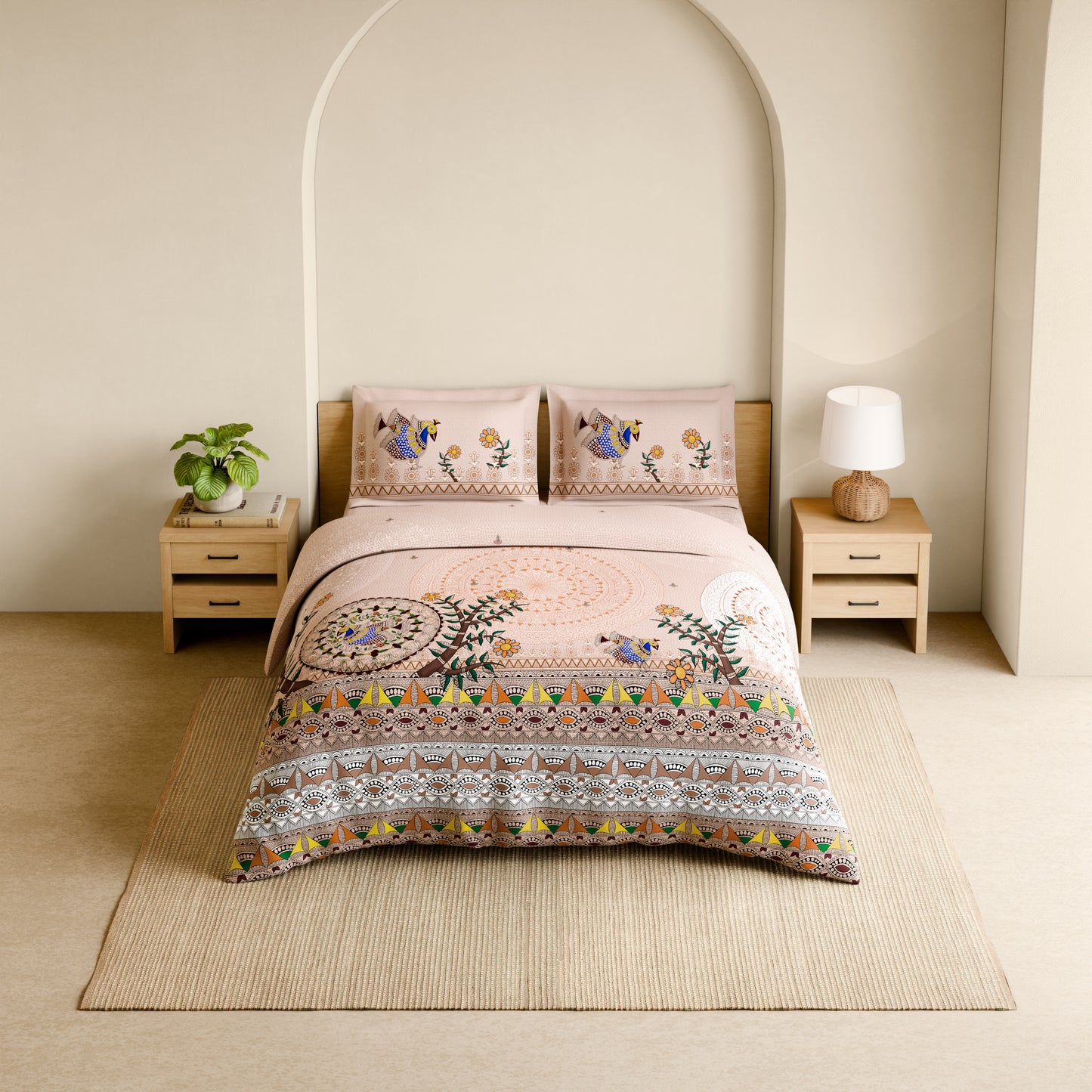 Rangana Shubha, 100% Cotton Large Bedsheet, 300 TC, Ornate, Peach Blush