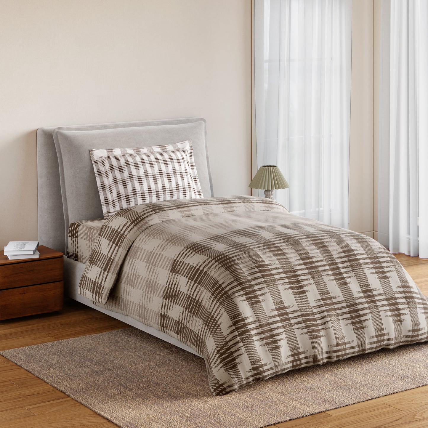 Essentials 100% Cotton Single Bedsheet, 144 TC, Geometric, Light Taupe