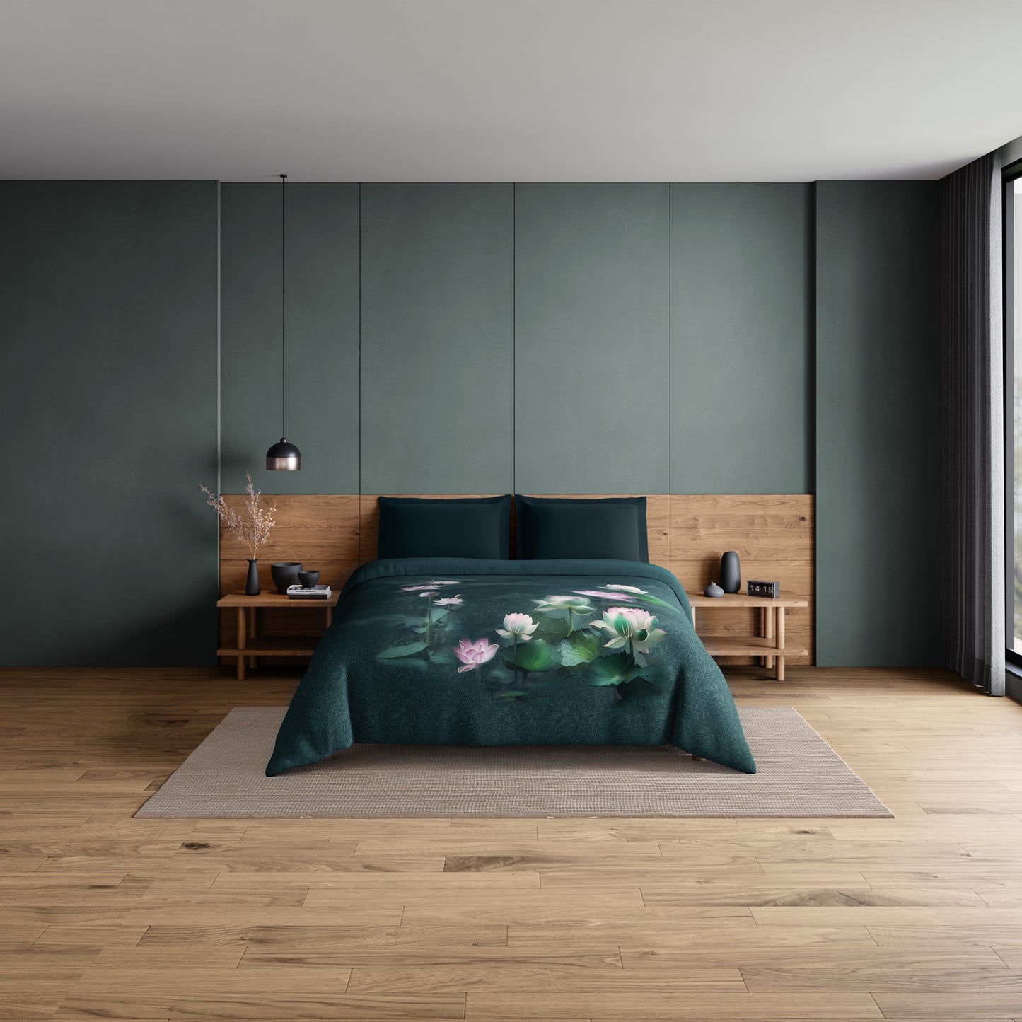 Elegance Noir 100% Cotton Double Quilt, 210TC, Floral, Dark Teal