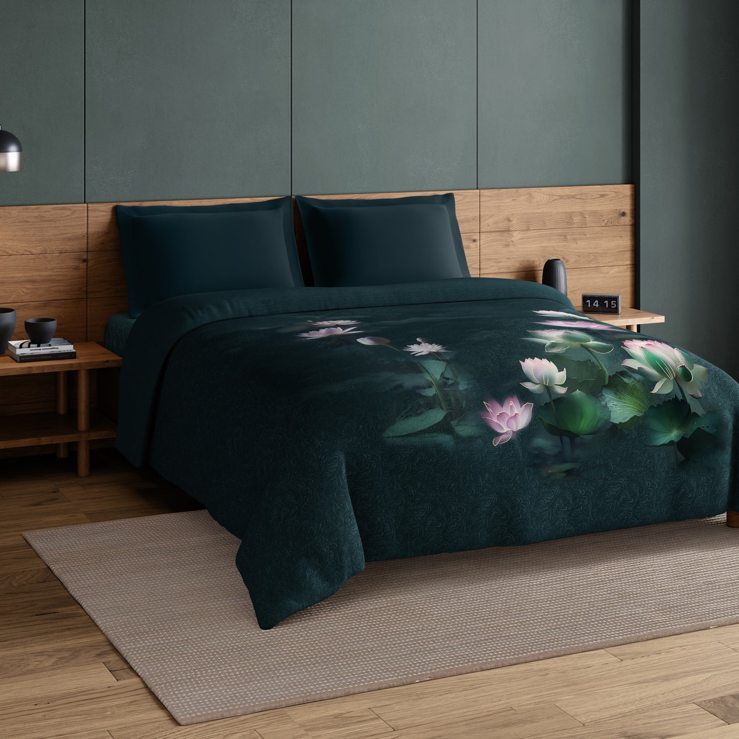 Elegance Noir 100% Cotton Double Quilt, 210TC, Floral, Dark Teal