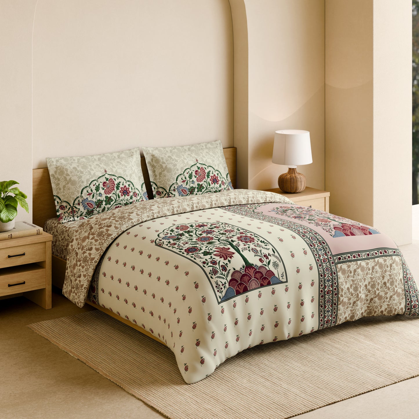 Rangana Shubha, 100% Cotton Large Bedsheet, 300 TC, Floral, Sylvian Green