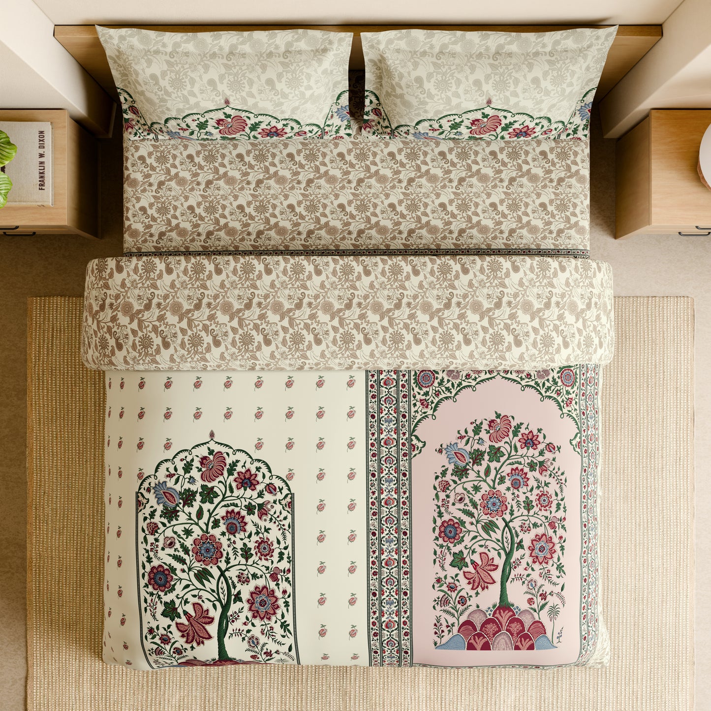 Rangana Shubha, 100% Cotton Large Bedsheet, 300 TC, Floral, Sylvian Green