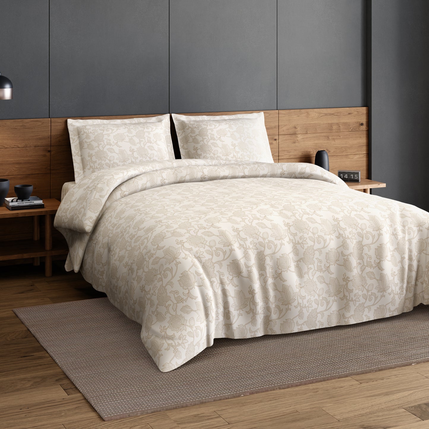 Elegance 100% Cotton Large Bedsheet, 300 TC, Floral, Cream