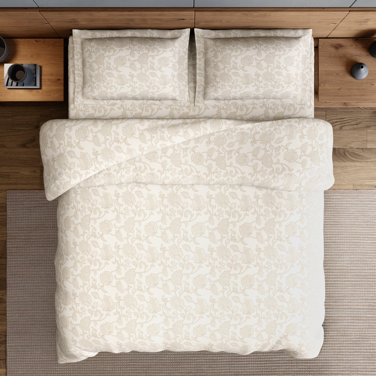 Elegance 100% Cotton Large Bedsheet, 300 TC, Floral, Cream