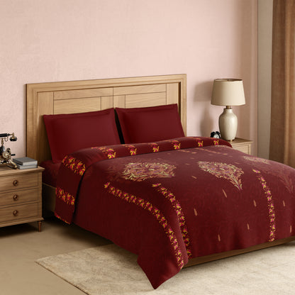 Rangana Digital 100% Cotton Double Quilt, 300 TC, Ornate, Dark Red