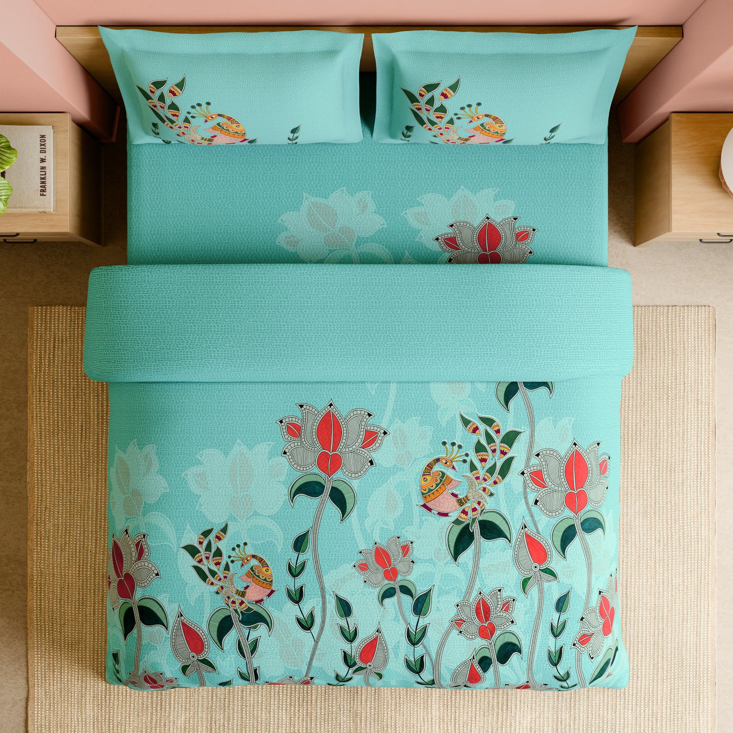 Rangana Shubha, 100% Cotton Large Bedsheet, 300 TC, Floral, Tibetan Stone