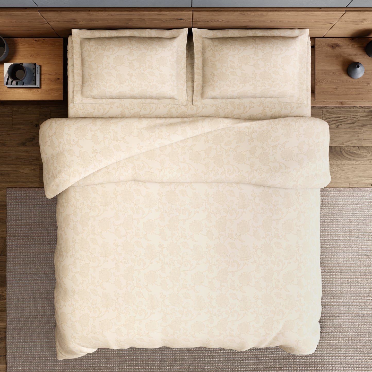 Elegance 100% Cotton Large Bedsheet, 300 TC, Floral, Beige