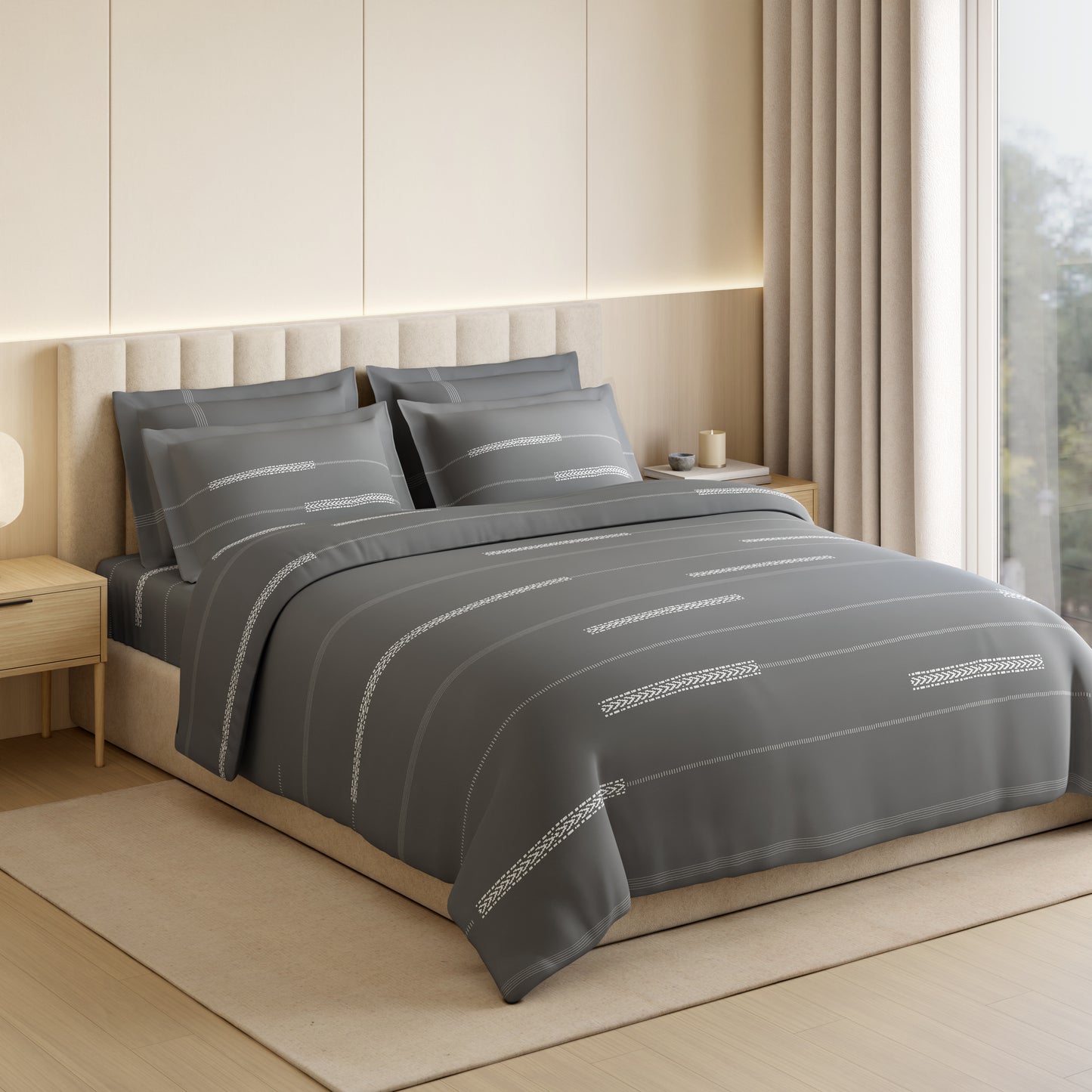 Luxury Loom Impressio 100% Egyptian Cotton Large Bedsheet, 350 TC, Embroidered, Grey