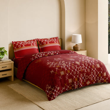 Shubha 100% Cotton Large Bedsheet, 300 TC, Ornate, Rhythmic Red