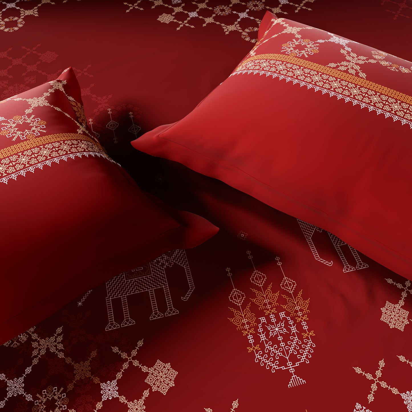 Rangana Shubha, 100% Cotton Large Bedsheet, 300 TC, Ornate, Rhythmic Red