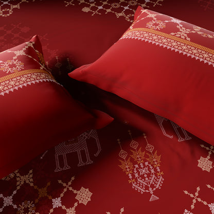 Rangana Shubha, 100% Cotton Large Bedsheet, 300 TC, Ornate, Rhythmic Red