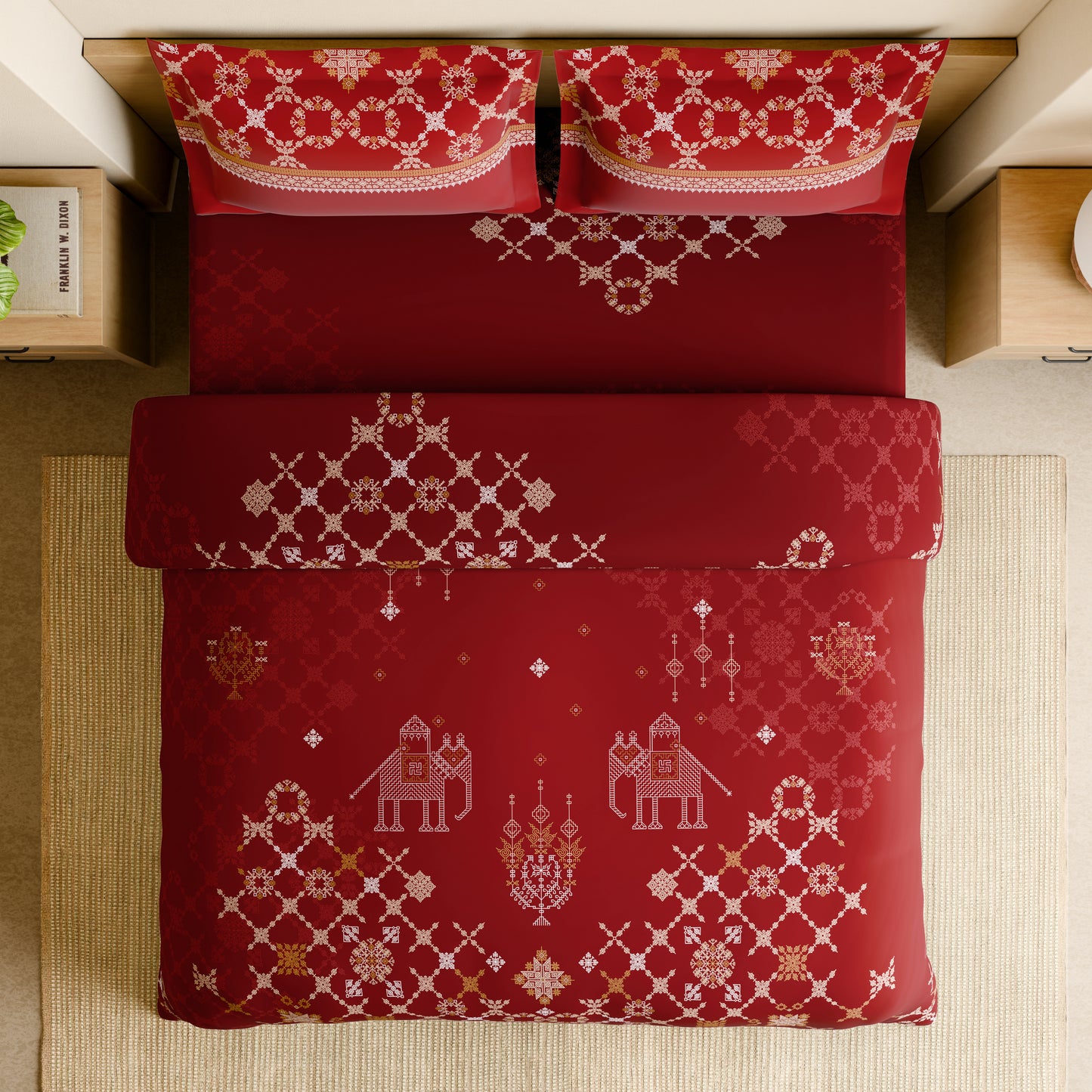Rangana Shubha, 100% Cotton Large Bedsheet, 300 TC, Ornate, Rhythmic Red