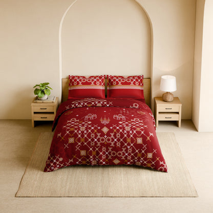Rangana Shubha, 100% Cotton Large Bedsheet, 300 TC, Ornate, Rhythmic Red