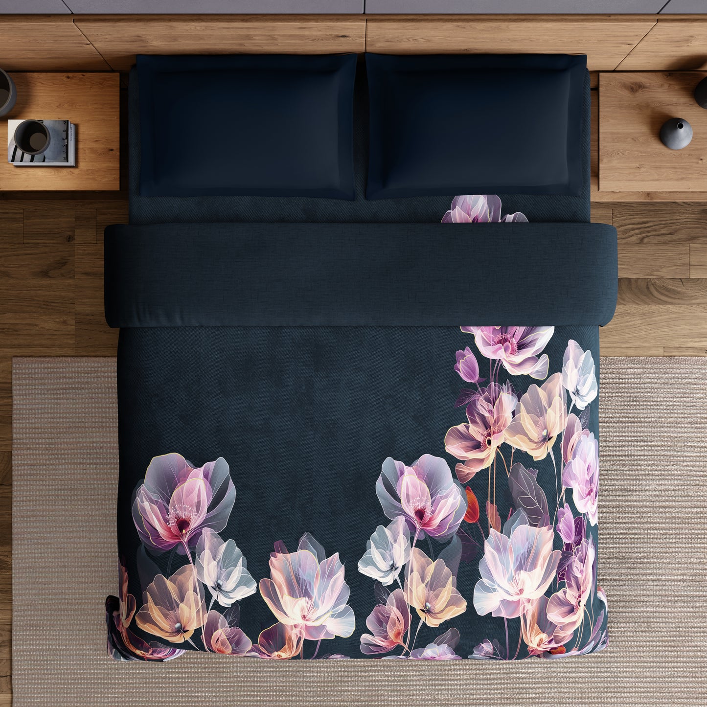 Elegance Noir 100% Cotton Double Quilt, 210TC, Floral, Dark Teal